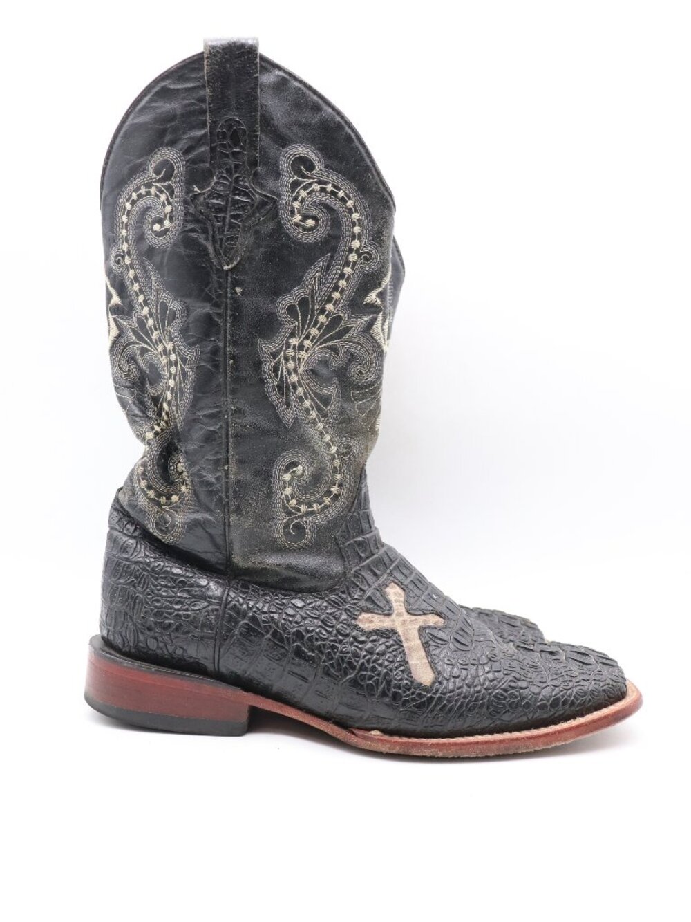 FERRINI Caiman Croc Print Men's Size 10.5 D Square Toe Black Boots Embroidered
